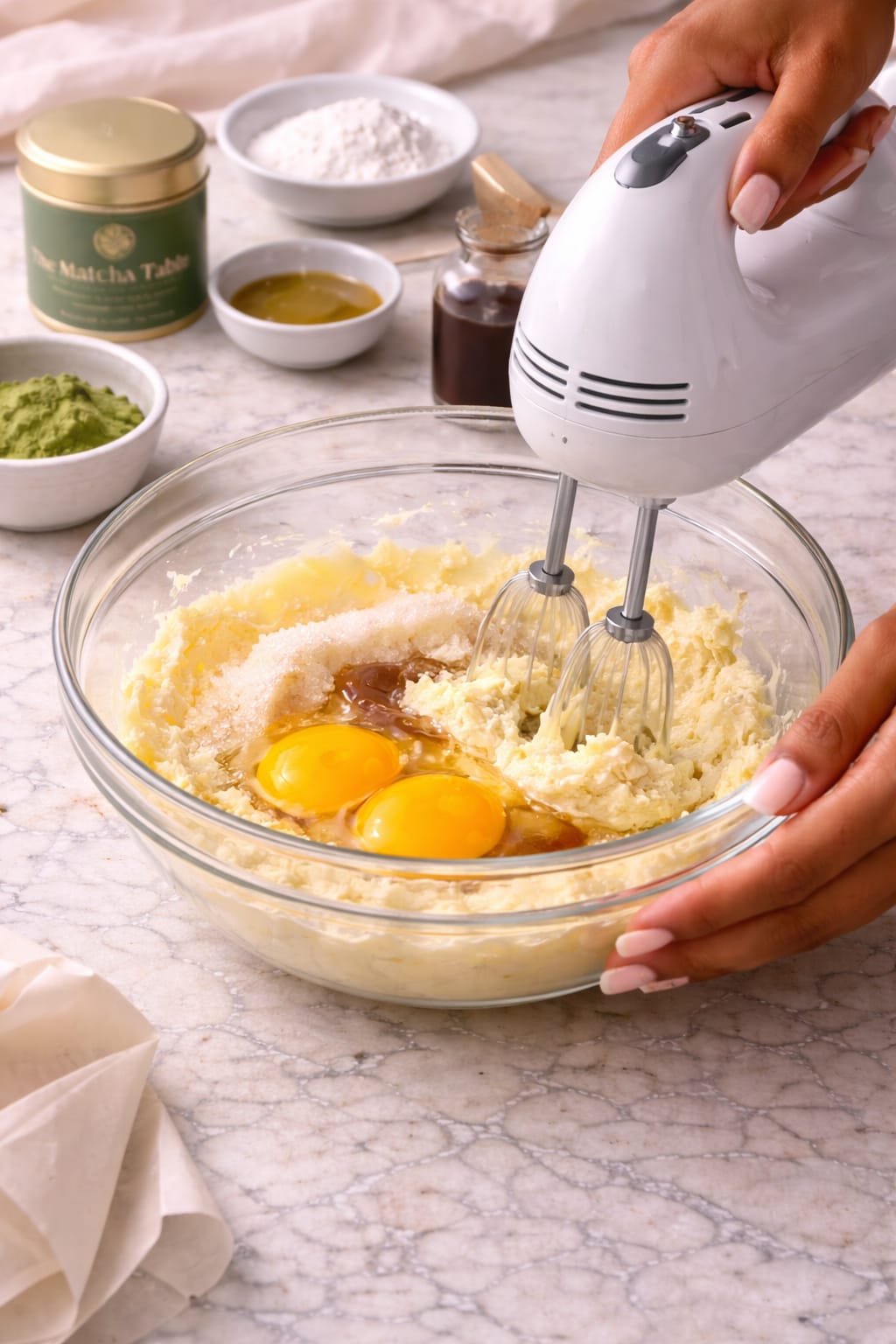 Step 3: Mixing wet ingredients for matcha crinkle cookies