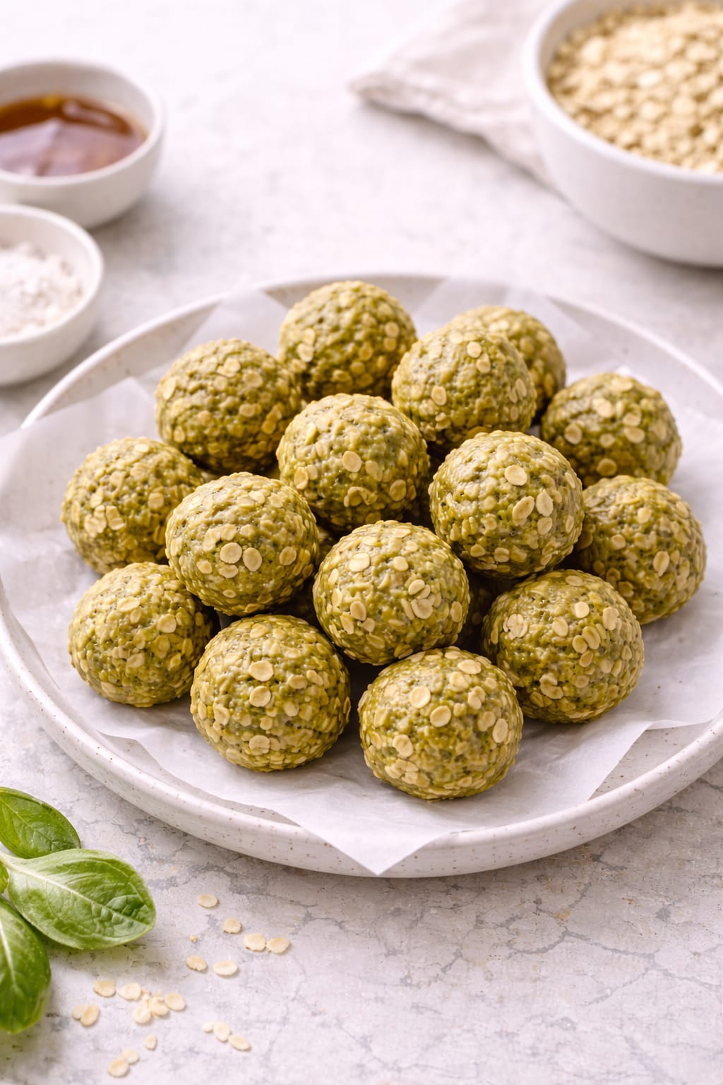 Finished no-bake matcha energy bites