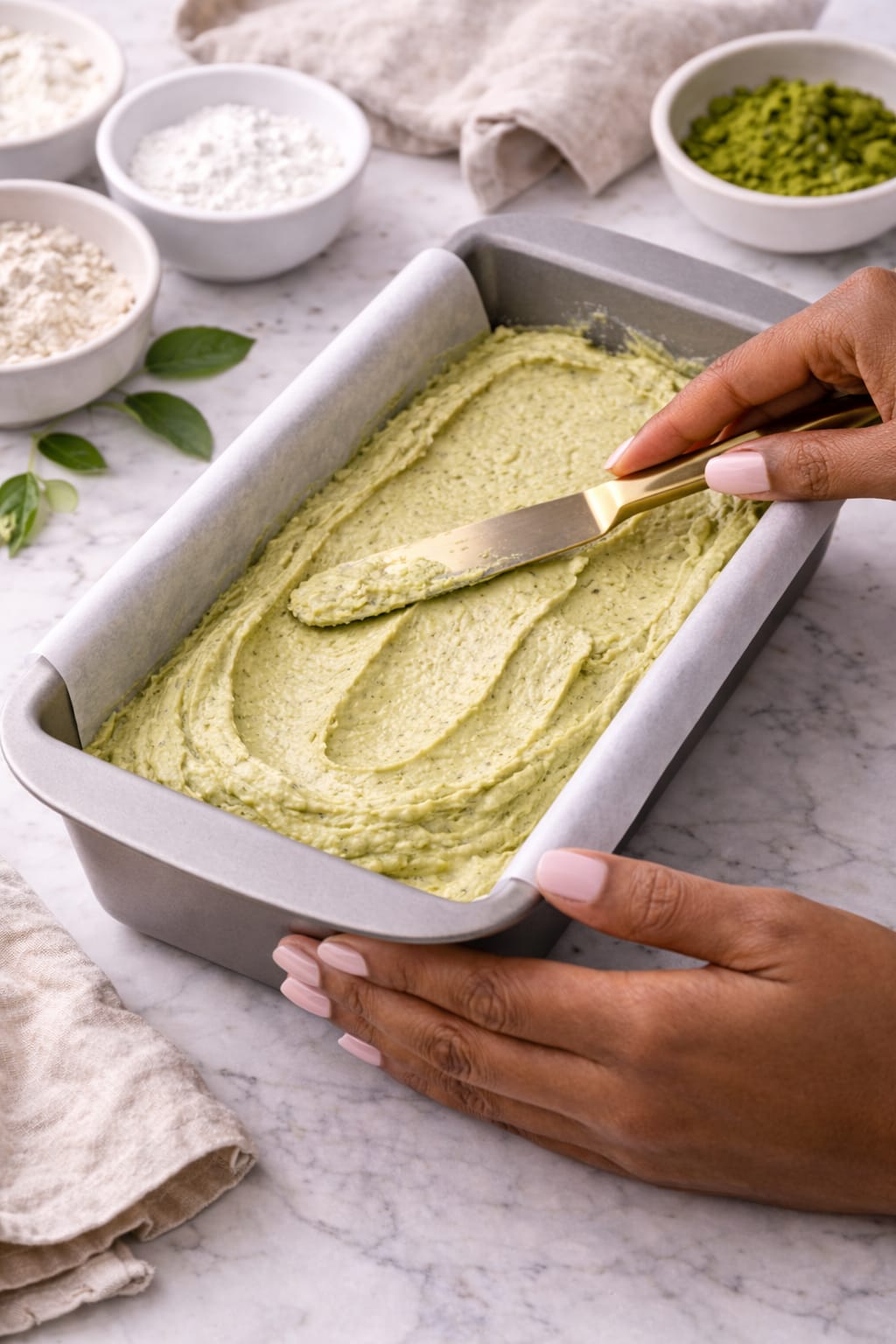 Baked matcha pound cake cooling in loaf pan