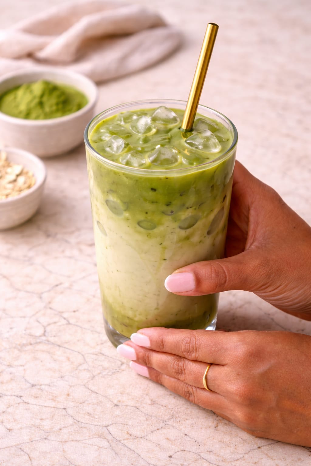 Step 6: Finished iced matcha brown sugar oat milk latte ready to drink