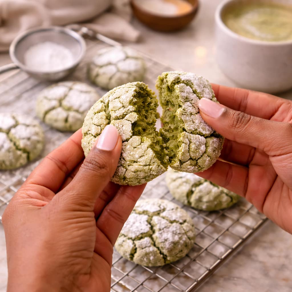 Step 6: Baked matcha crinkle cookies cooling on a rack