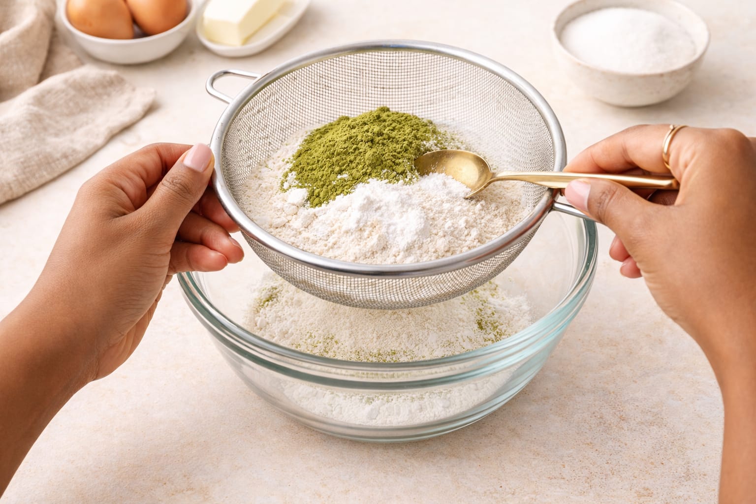 Step 2: Whisking dry ingredients for matcha donuts