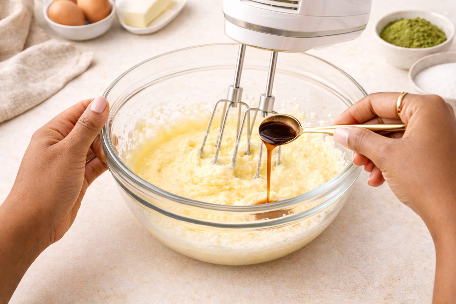 Step 3: Whisking wet ingredients for baked matcha donuts
