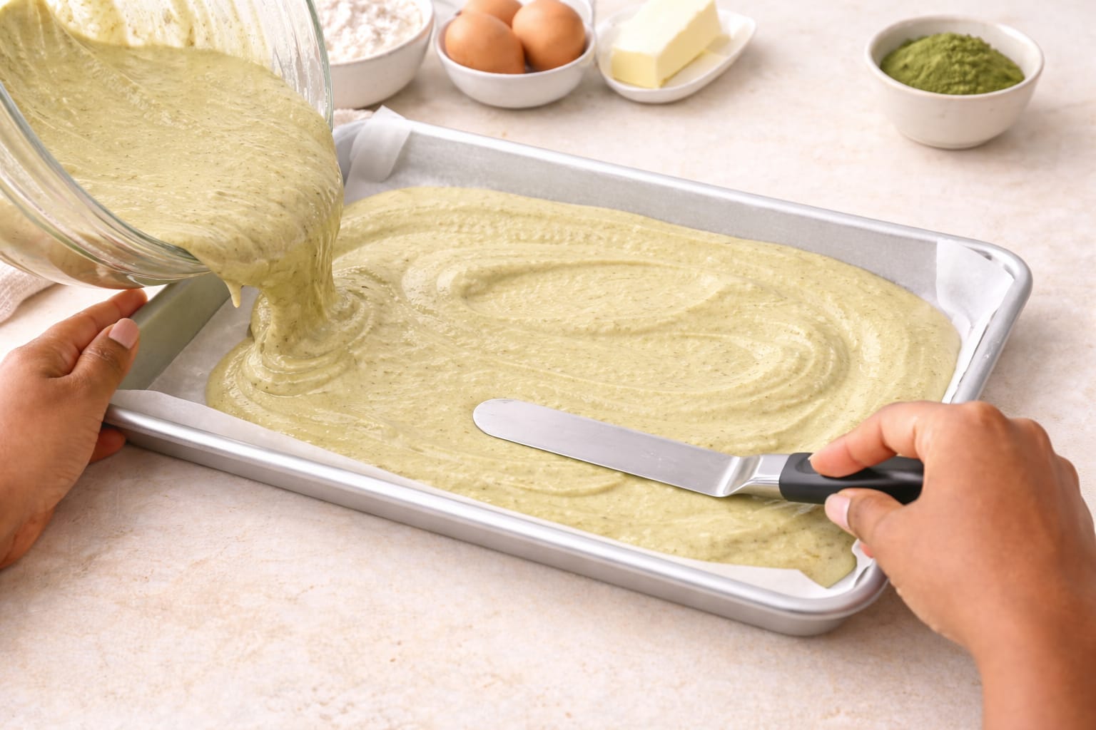 Step 5: Filling donut pan with matcha donut batter
