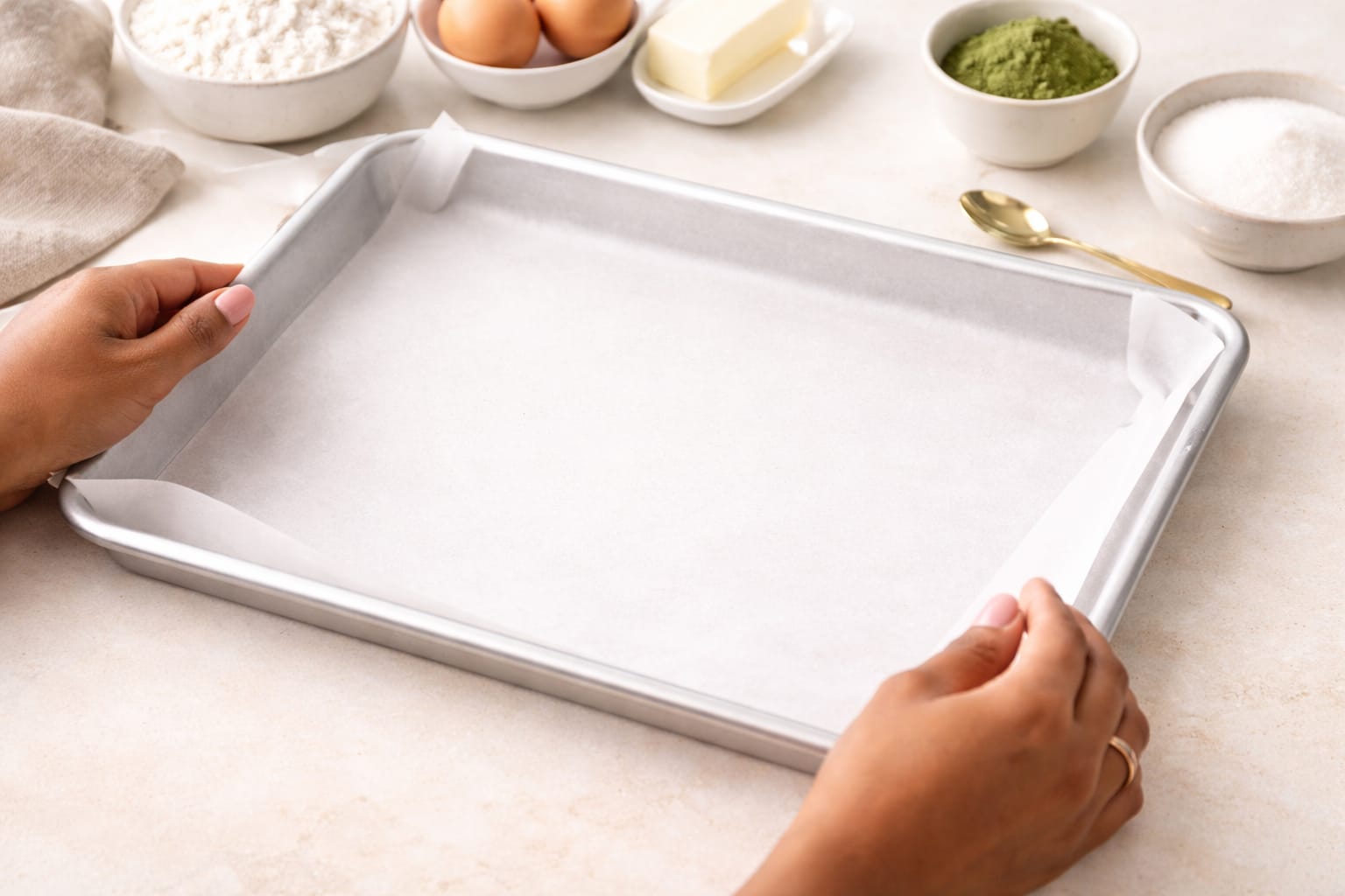 Step 1: Greasing a donut pan for baked matcha donuts