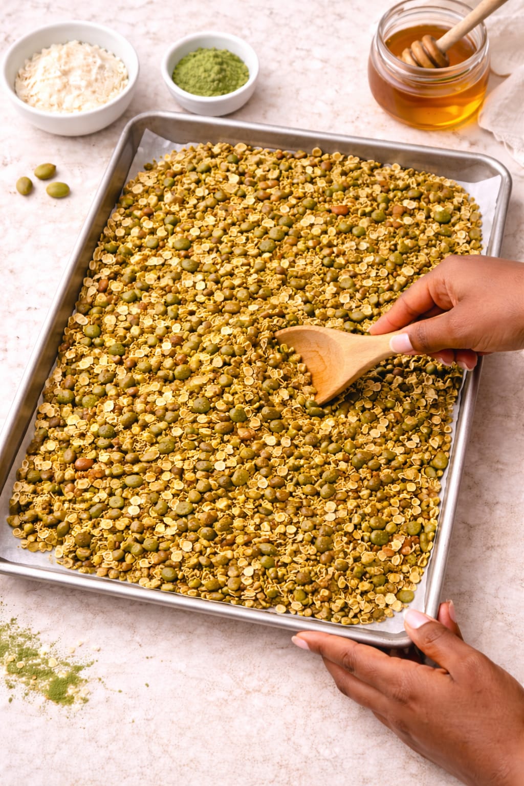 Step 5: Baking matcha granola until lightly golden, stirring halfway through