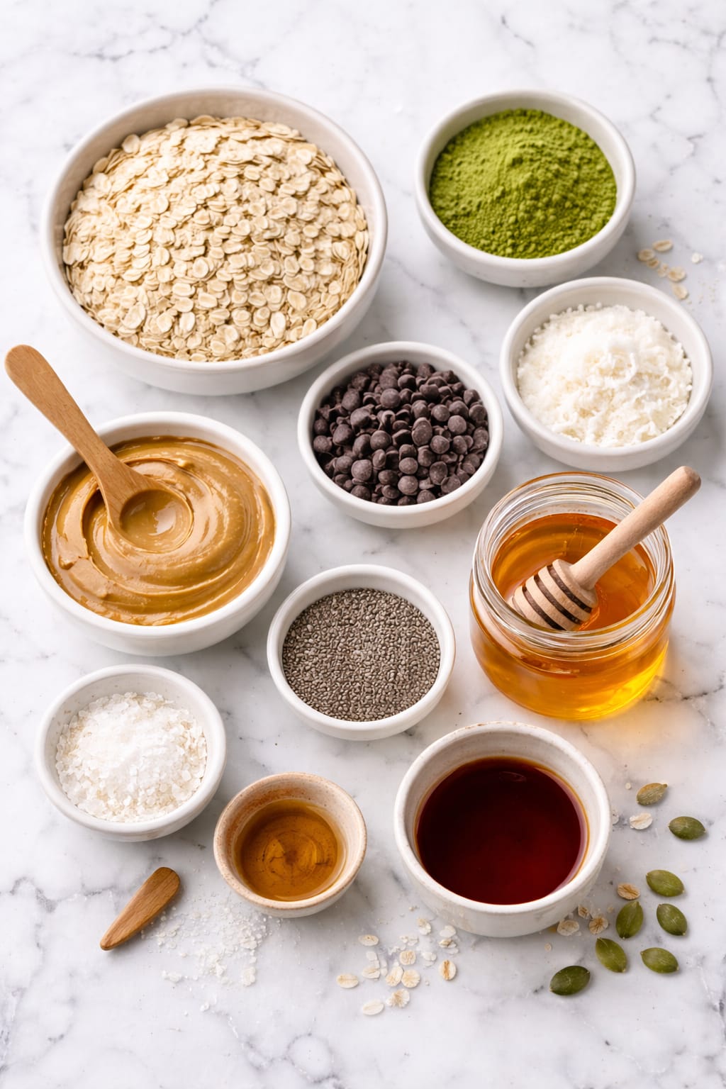 Ingredients for no-bake matcha energy bites including rolled oats, ceremonial-grade matcha, almond butter, honey or maple syrup, chia seeds, vanilla, and sea salt.