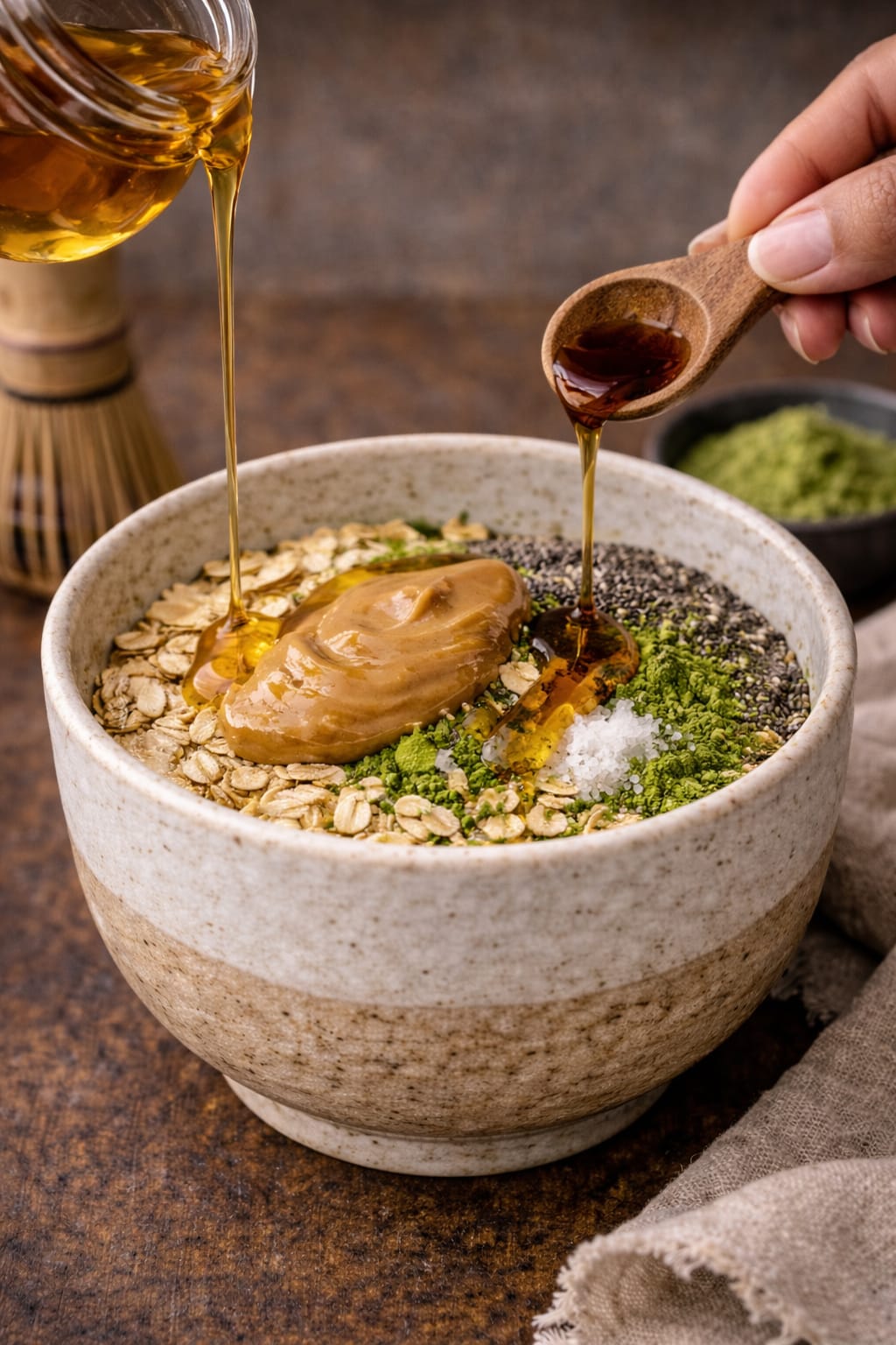 Step 2: Adding wet ingredients to matcha energy bite mixture