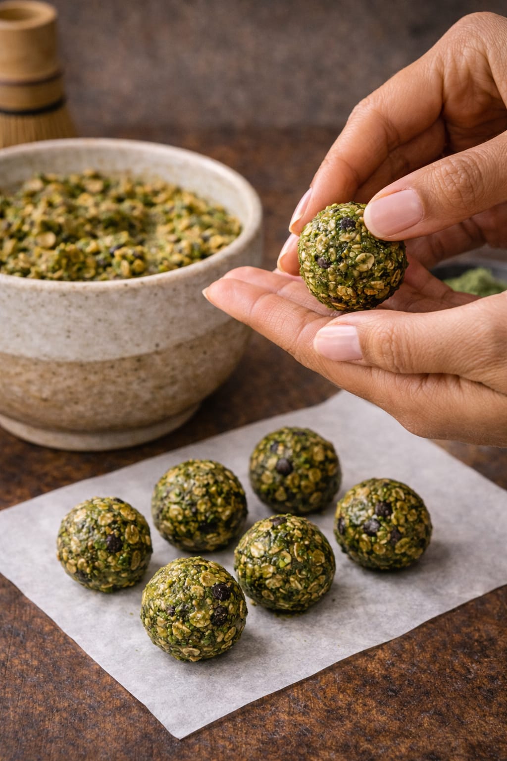 Step 4: Rolling no-bake matcha energy bites by hand