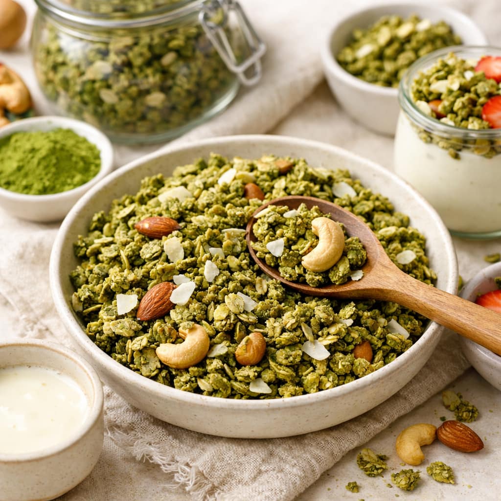 Crunchy oven-baked matcha granola clusters broken into pieces on parchment paper with brown hands and manicured nails