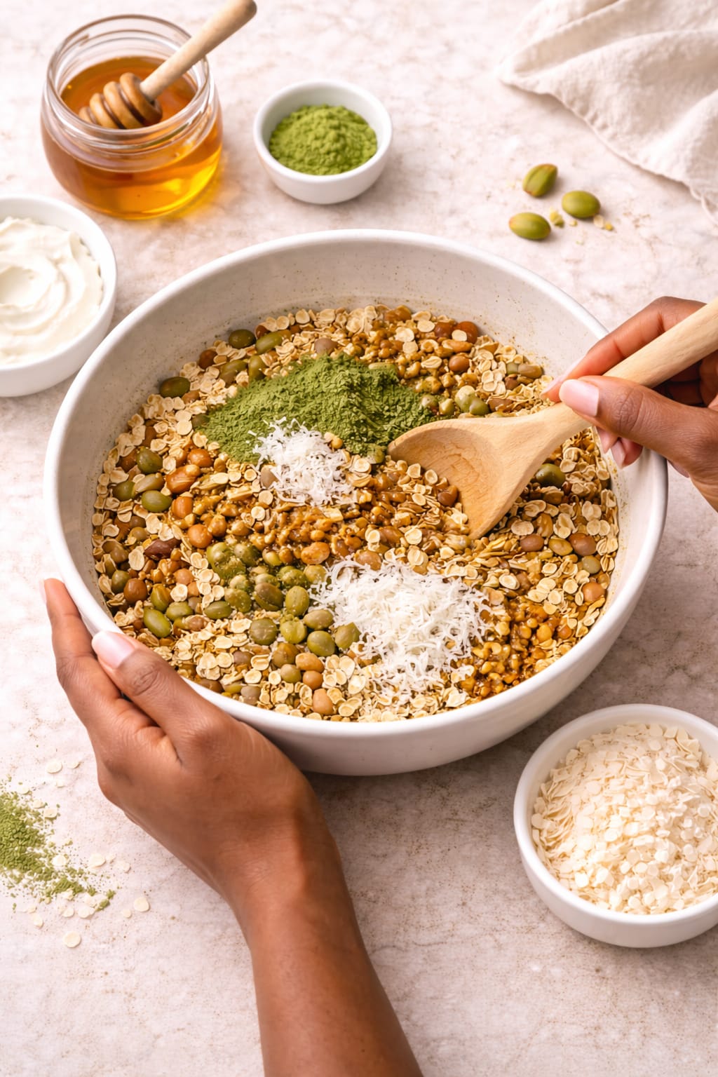 Step 2: Mixing dry ingredients with matcha for oven-baked matcha granola