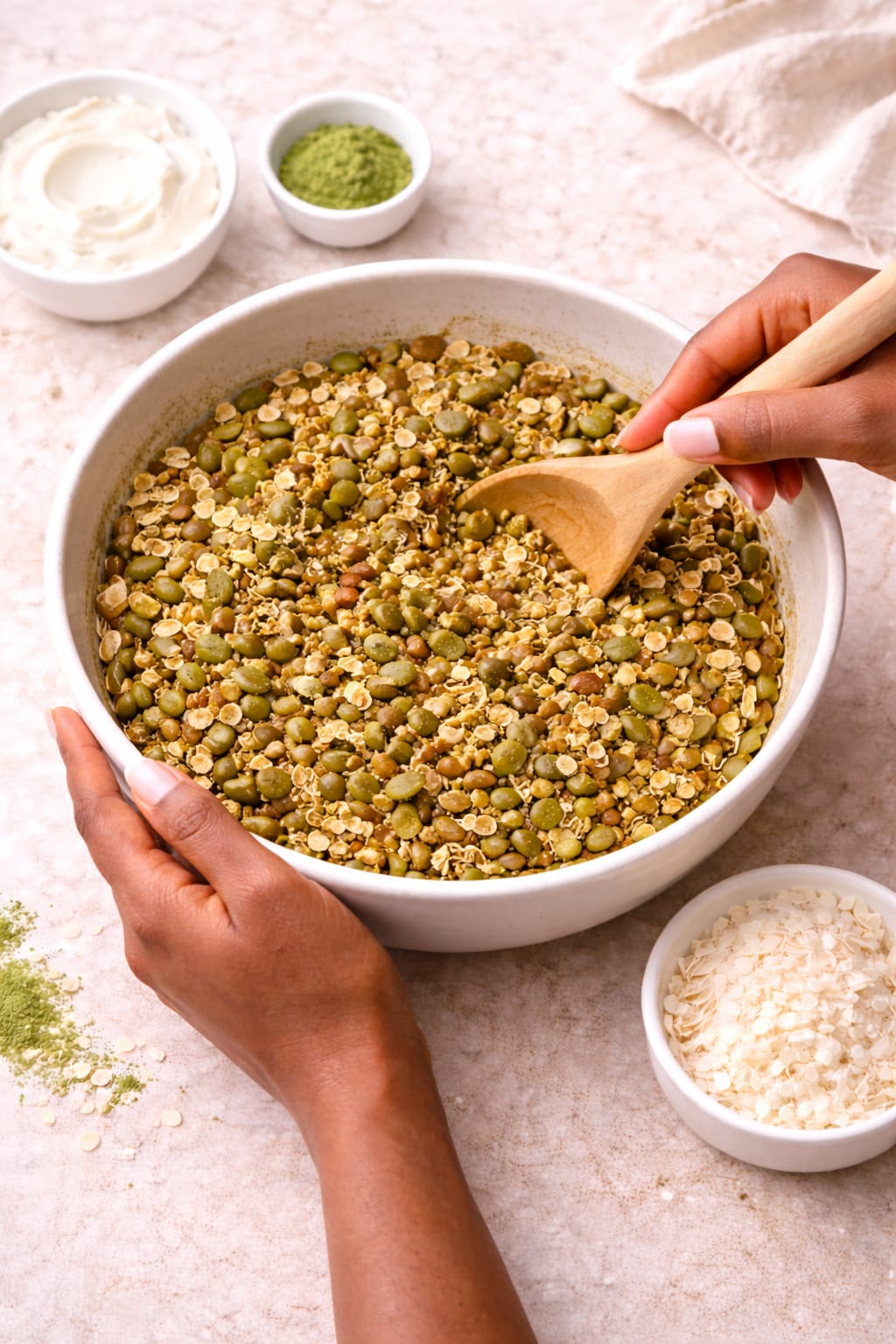 Step 4: Spreading matcha granola mixture into an even layer on a baking sheet