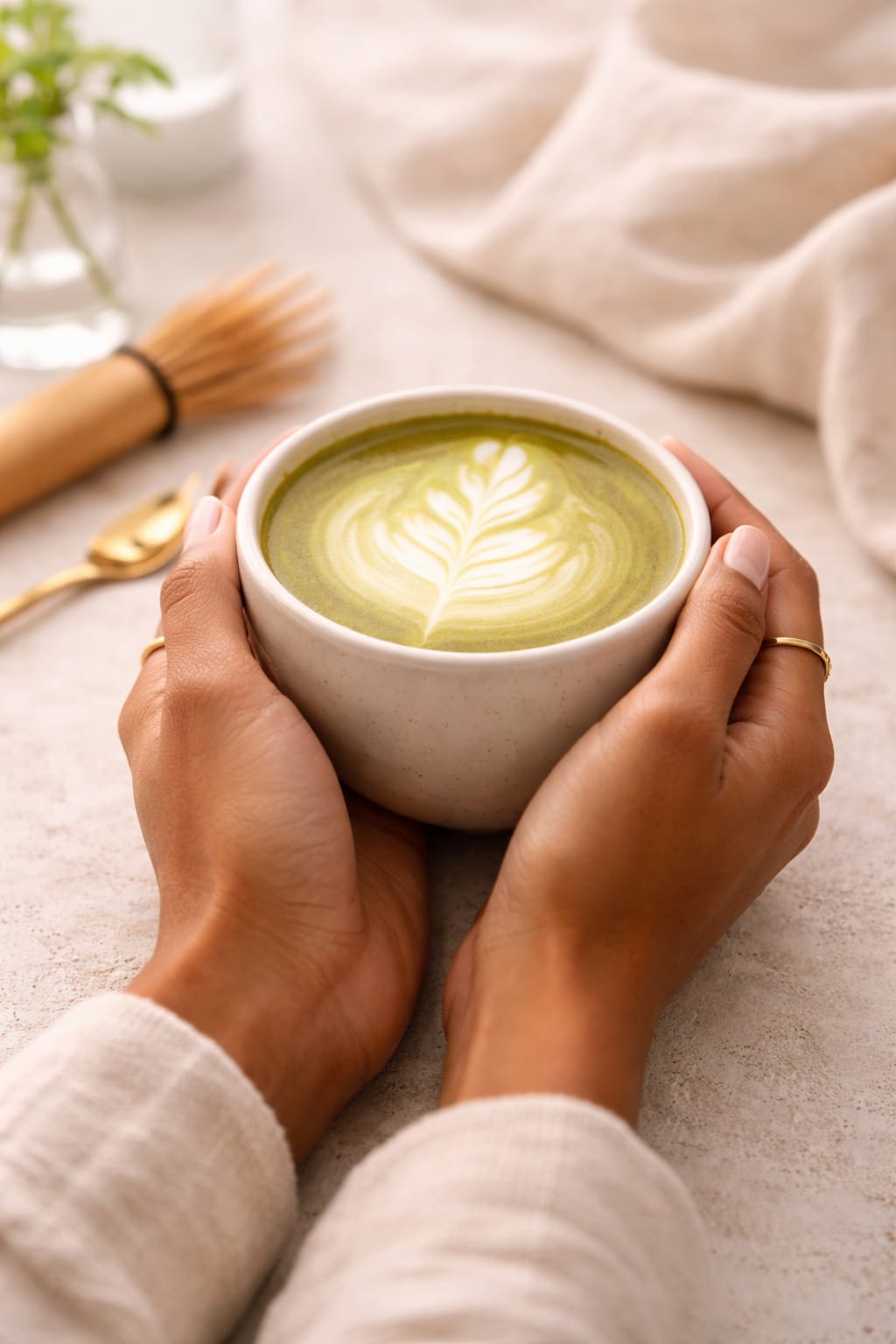 Hands holding a creamy luxury matcha latte with latte art, a calm morning ritual from The Matcha Table