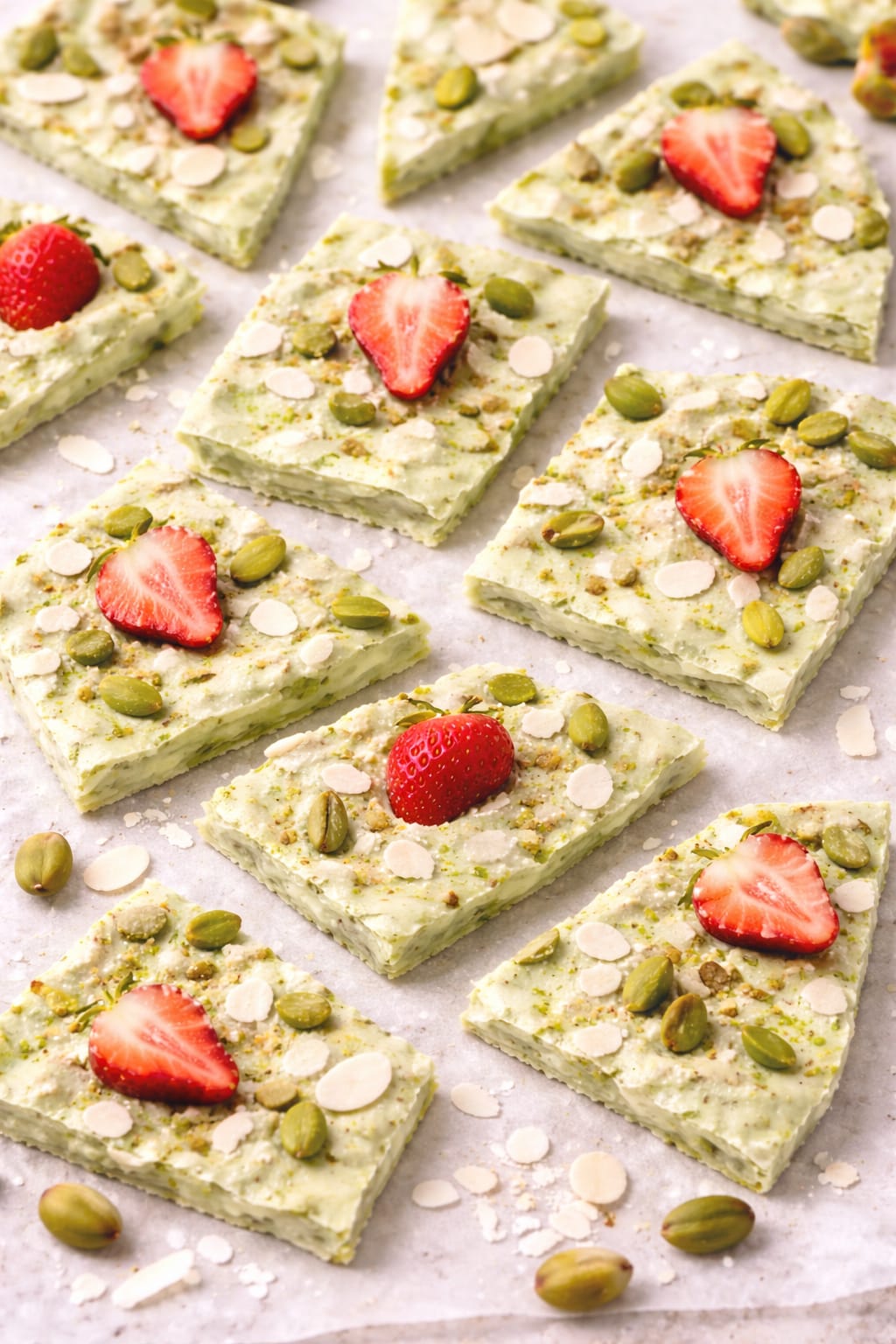 Pieces of matcha yogurt bark broken into snack-sized pieces on parchment paper