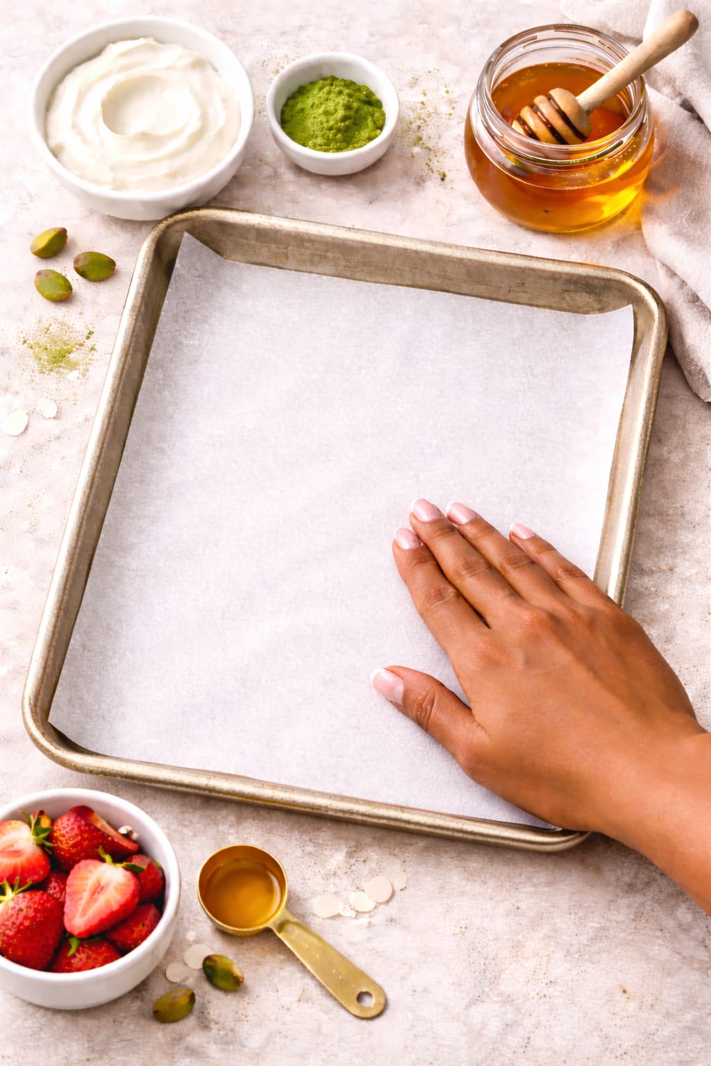 Step 1: Lining a baking sheet with parchment paper for matcha yogurt bark