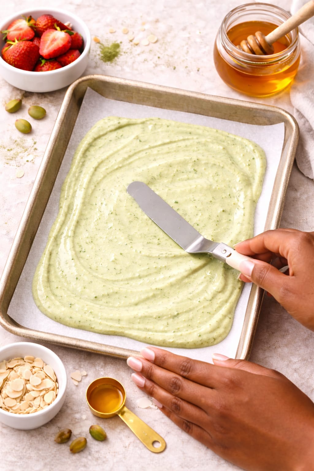 Step 3: Spreading matcha yogurt mixture into an even layer