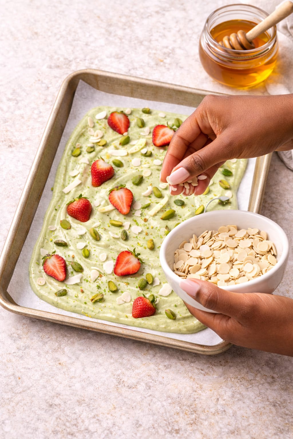 Step 4: Adding toppings and honey to matcha yogurt bark