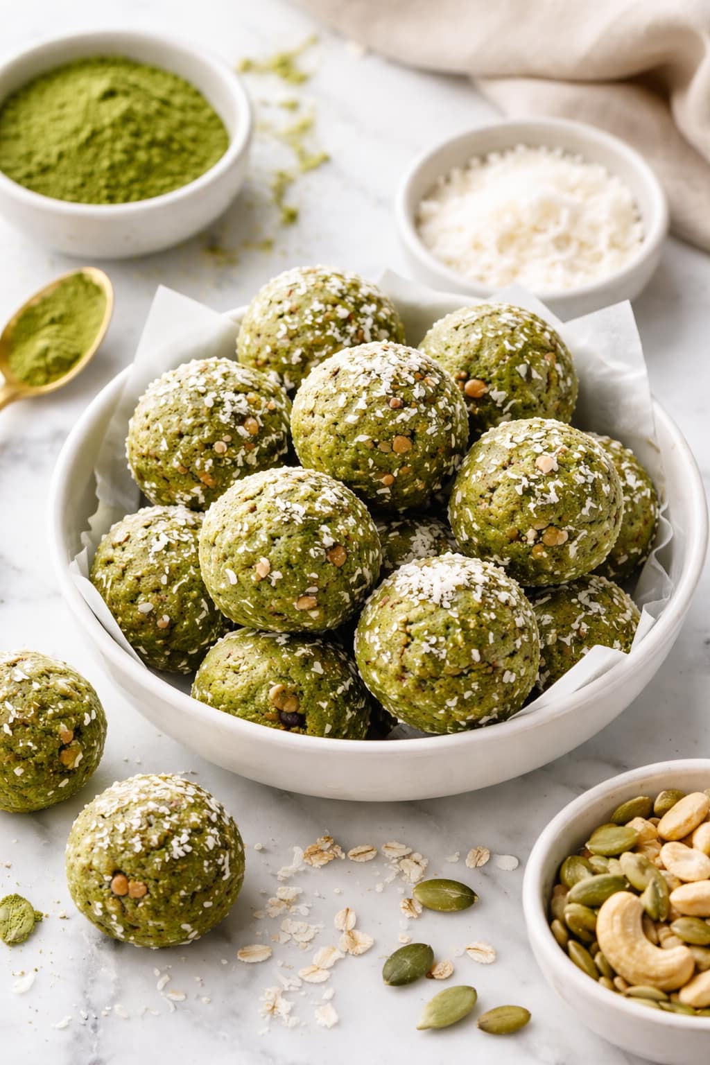 No-bake matcha energy bites arranged on a ceramic plate with a soft, chewy texture