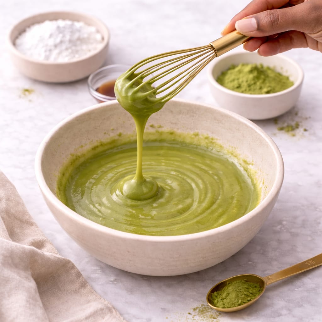 Step 4: Whisking matcha glaze until smooth and silky