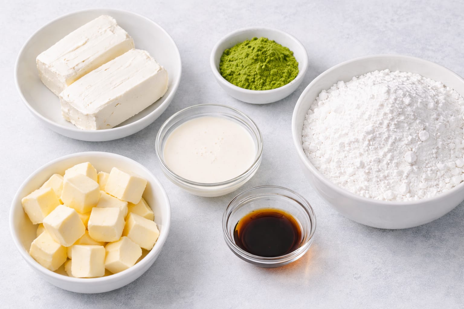 Ingredients for oven-baked matcha granola including oats, nuts, coconut flakes, maple syrup, oil, and matcha powder