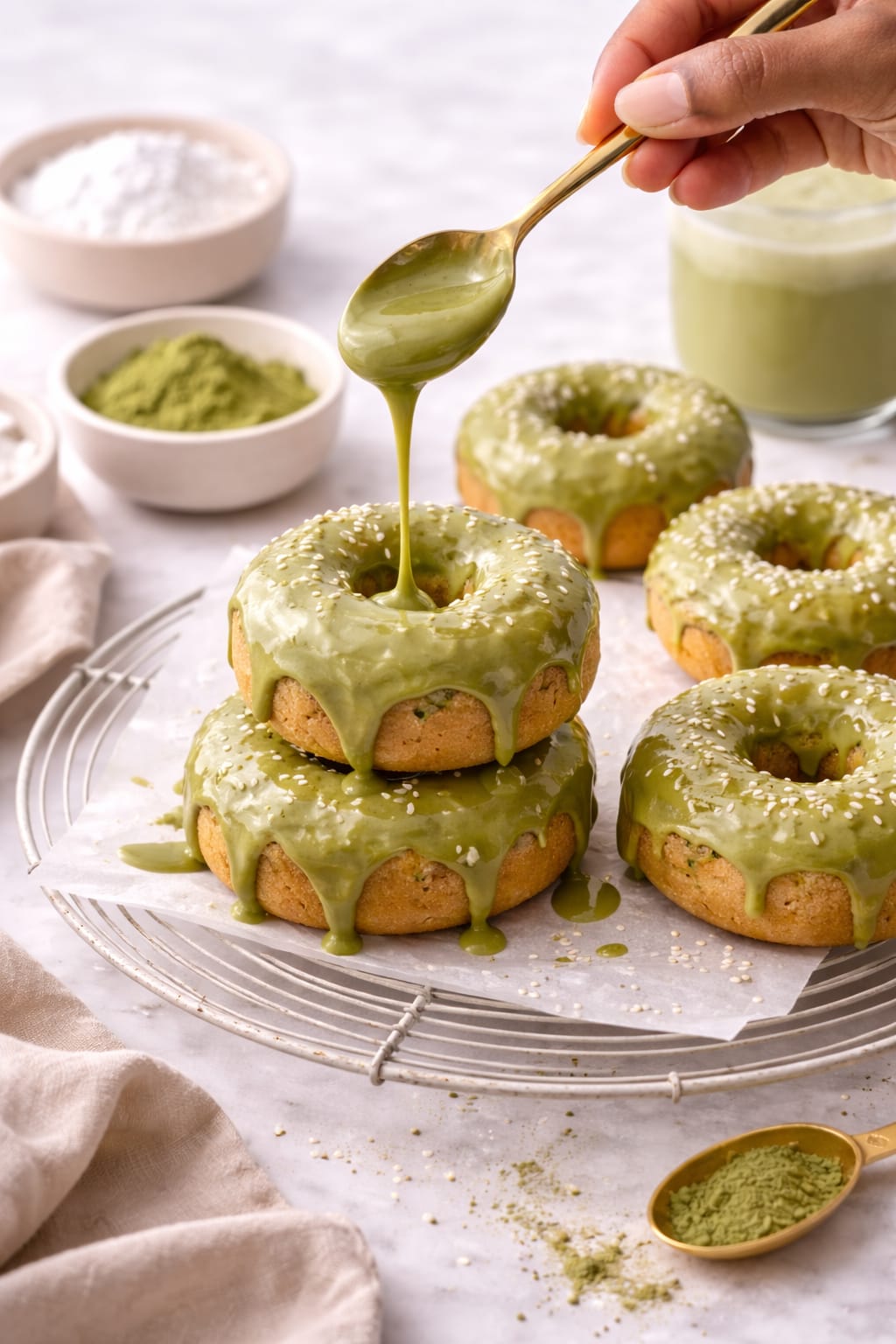 Step 5: Drizzling smooth matcha glaze over baked pastries