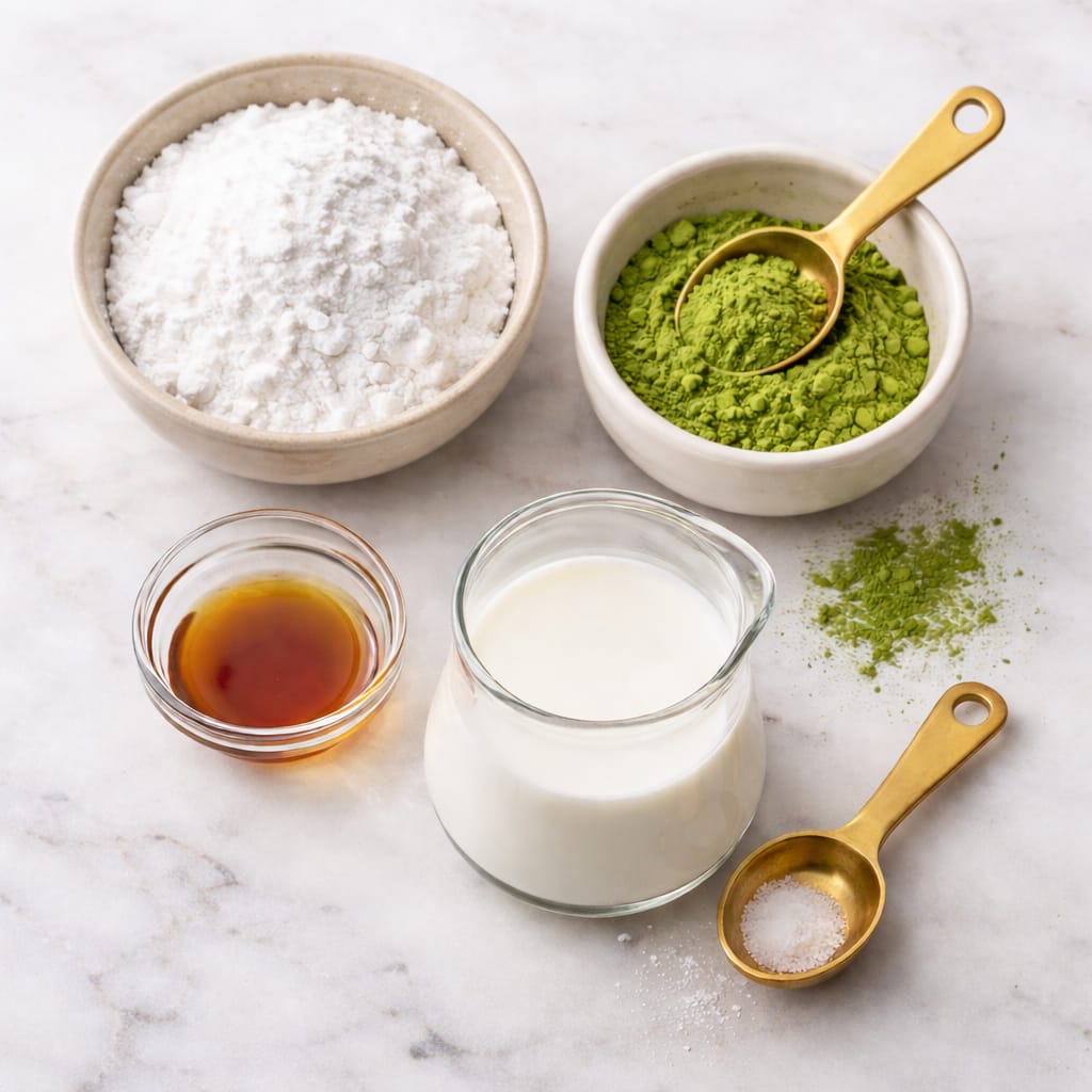 Ingredients for matcha glaze including powdered sugar, matcha powder, milk, vanilla extract, and salt on a marble surface.