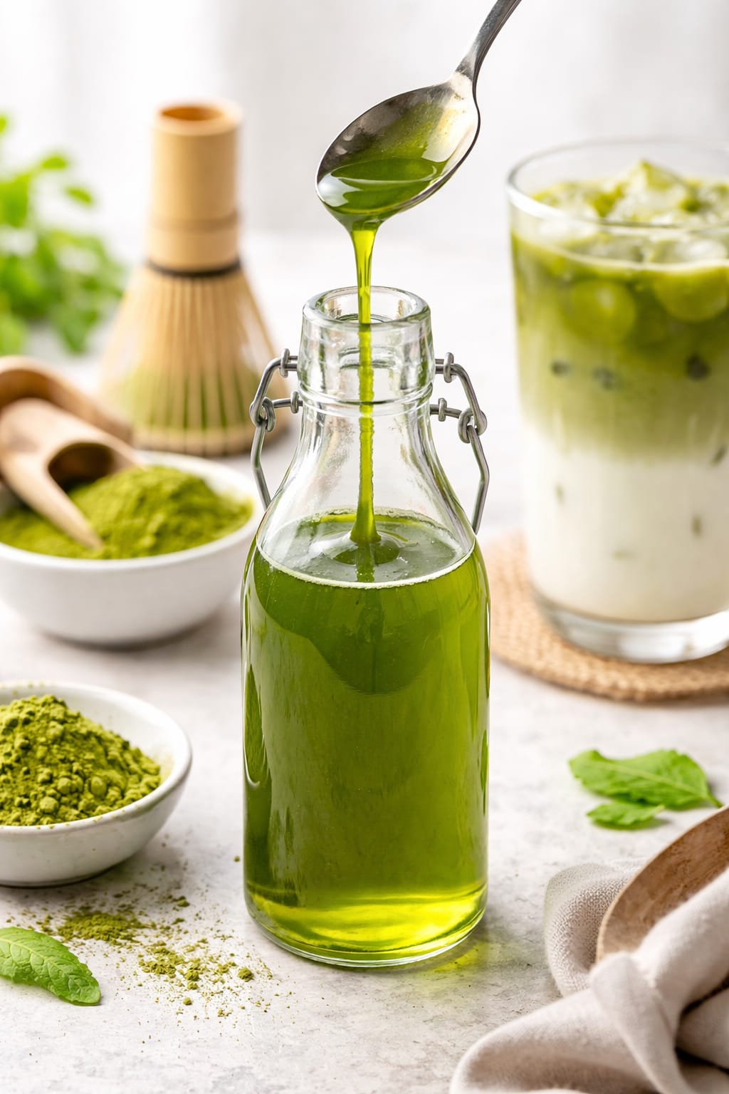 Smooth matcha simple syrup in a glass jar with brown woman’s manicured hands on a marble countertop