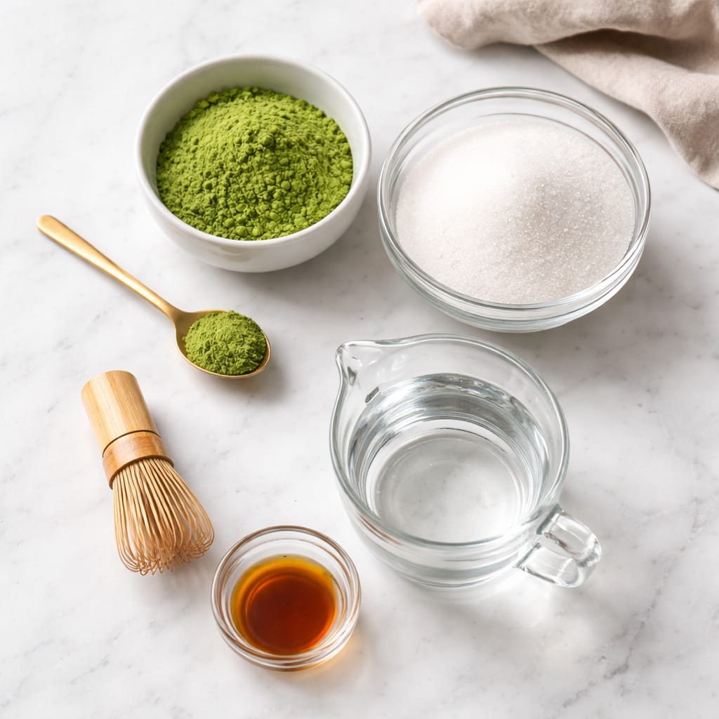 Ingredients for oven-baked matcha granola including oats, nuts, coconut flakes, maple syrup, oil, and matcha powder