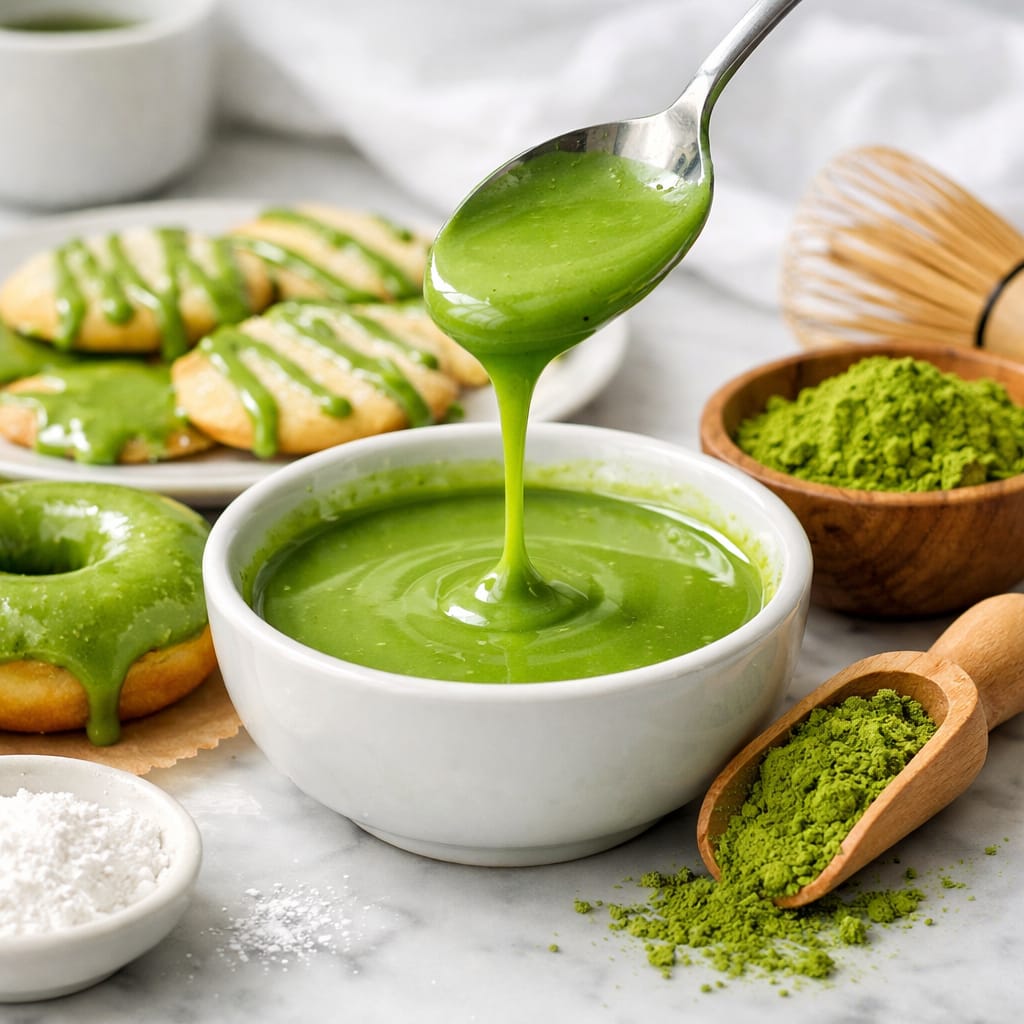 Brown manicured hand drizzling glossy homemade matcha glaze over freshly baked donuts on a marble countertop