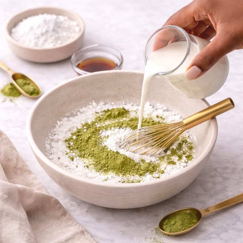 Step 2: Adding milk and vanilla to matcha glaze mixture