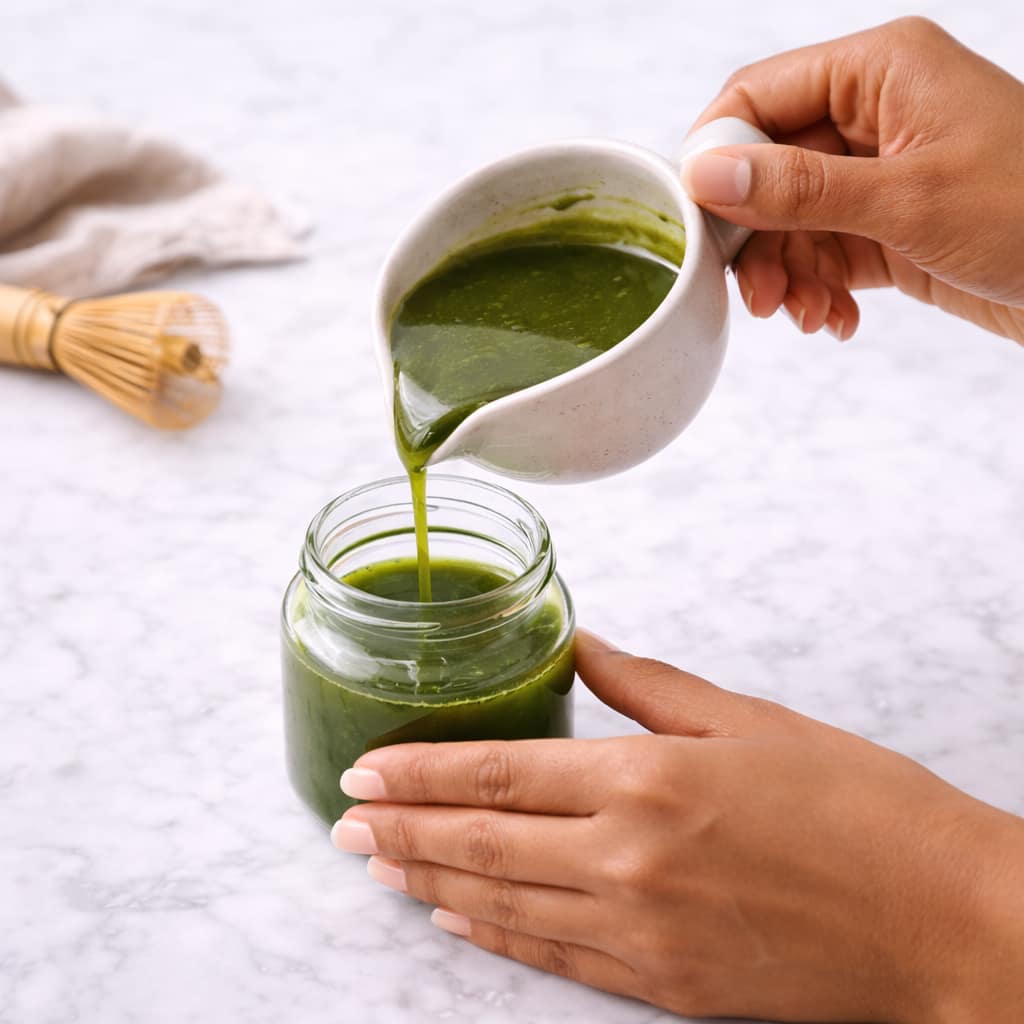 Step 5: Pouring finished matcha simple syrup into a glass jar for storage