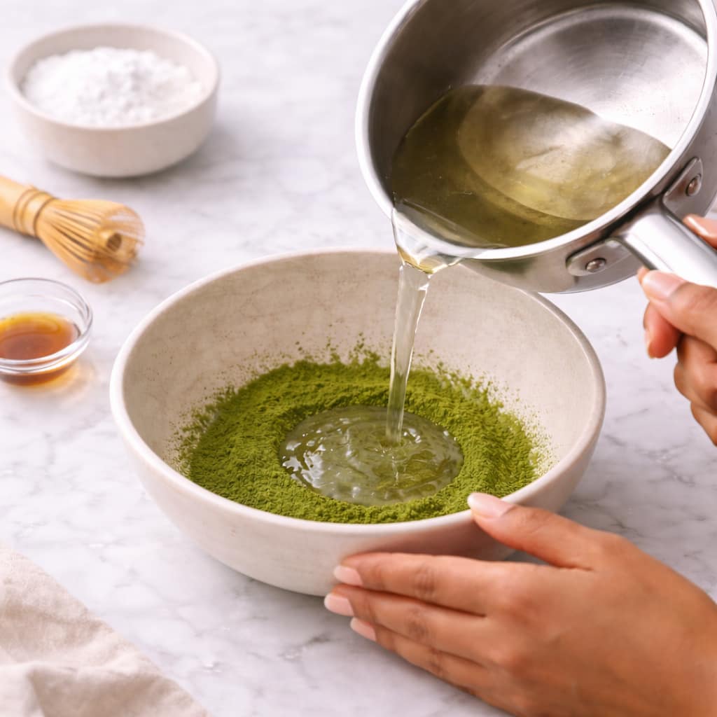 Step 3: Whisking matcha with warm syrup to create a smooth mixture