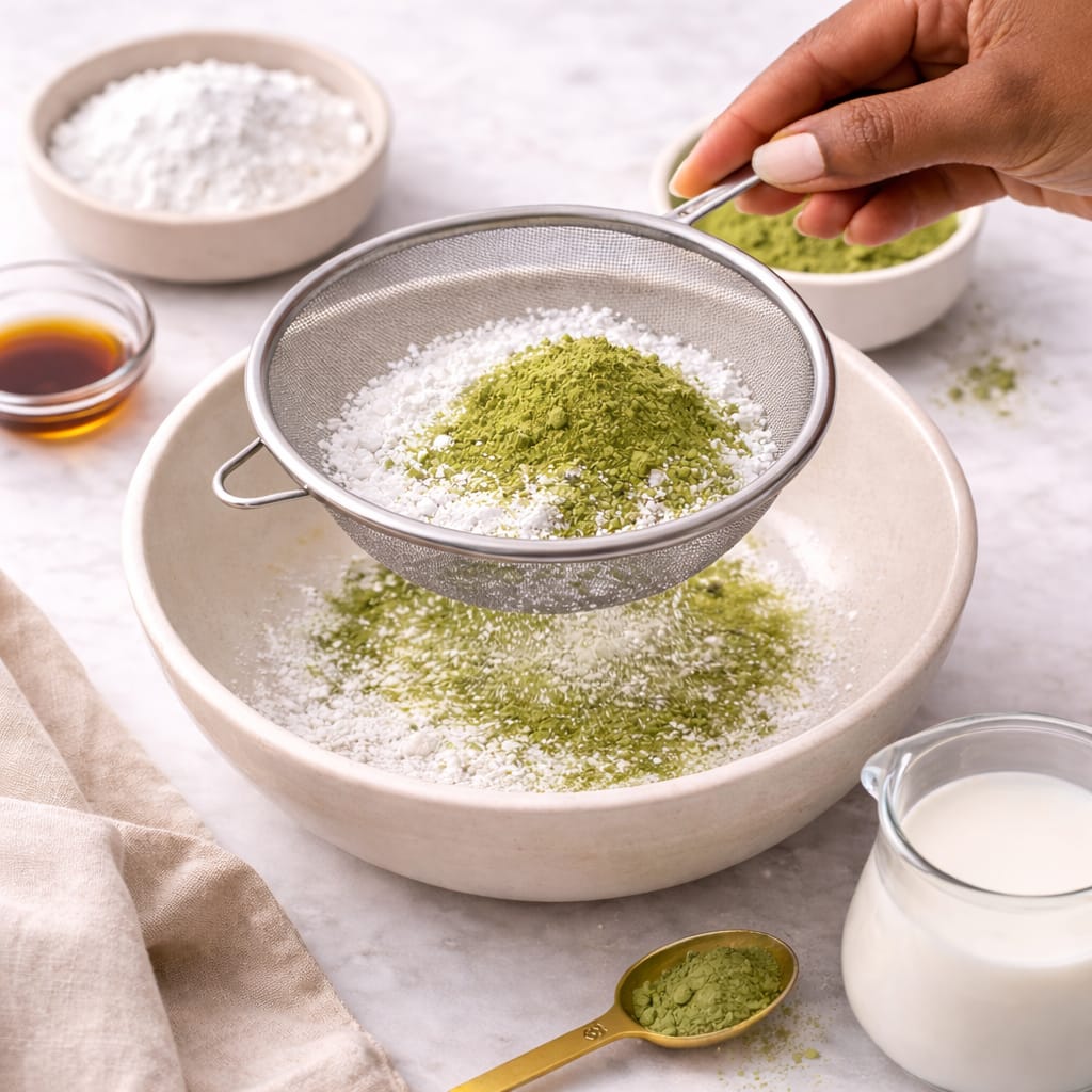 Step 1: Sifting powdered sugar and matcha powder together for matcha glaze