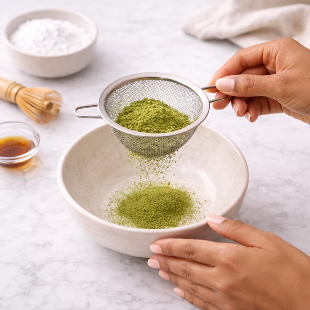 Step 2: Sifting matcha powder through a fine sieve for smooth matcha syrup