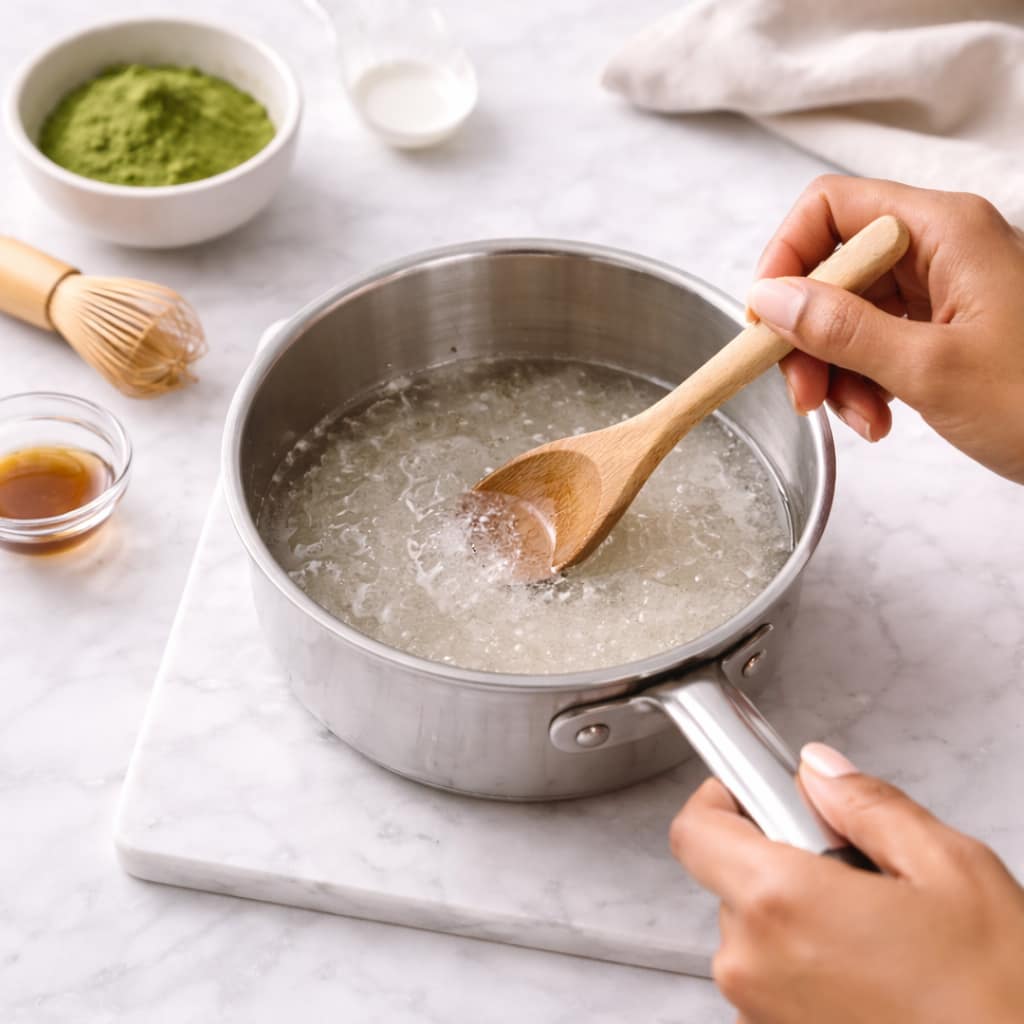 Step 1: Heating sugar and water in a saucepan to make simple syrup base