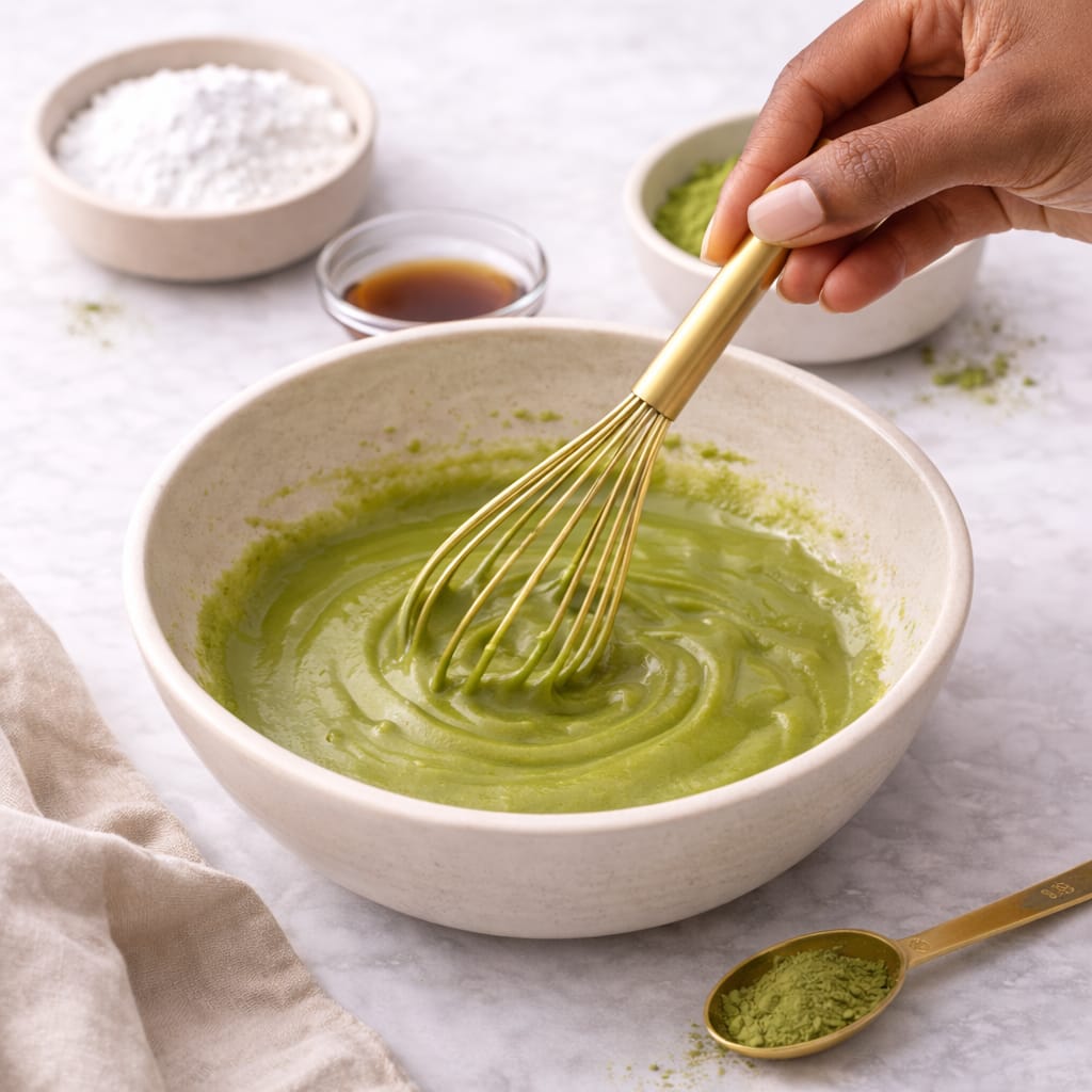 Step 3: Adjusting matcha glaze consistency with milk or powdered sugar