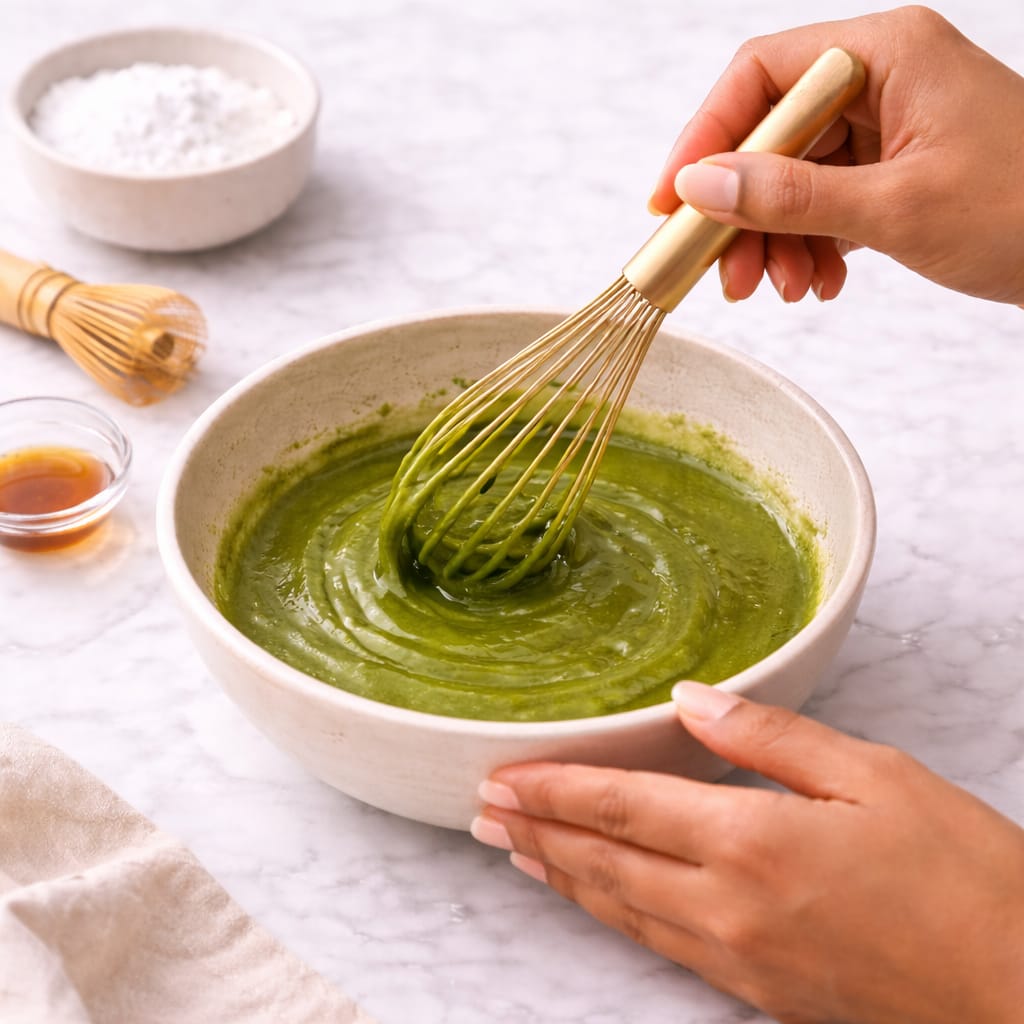 Step 4: Combining matcha mixture with simple syrup in saucepan